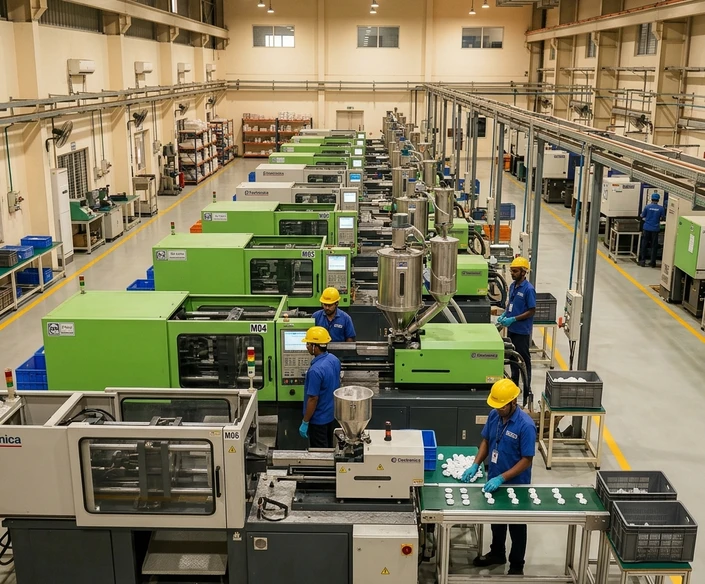 Indian plastic manufacturing team collaborating on the production floor