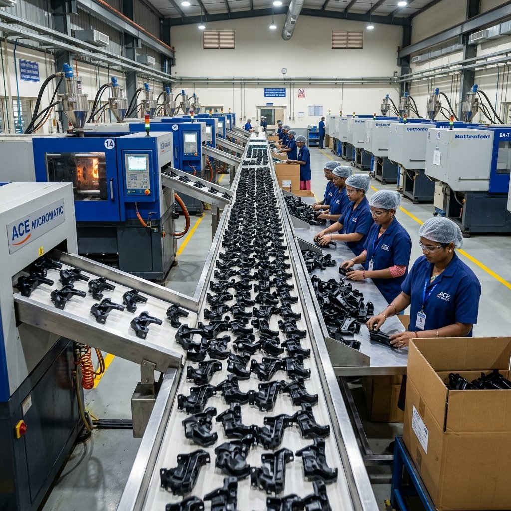 High-volume plastic injection moulding production run at Mrughan Plastics