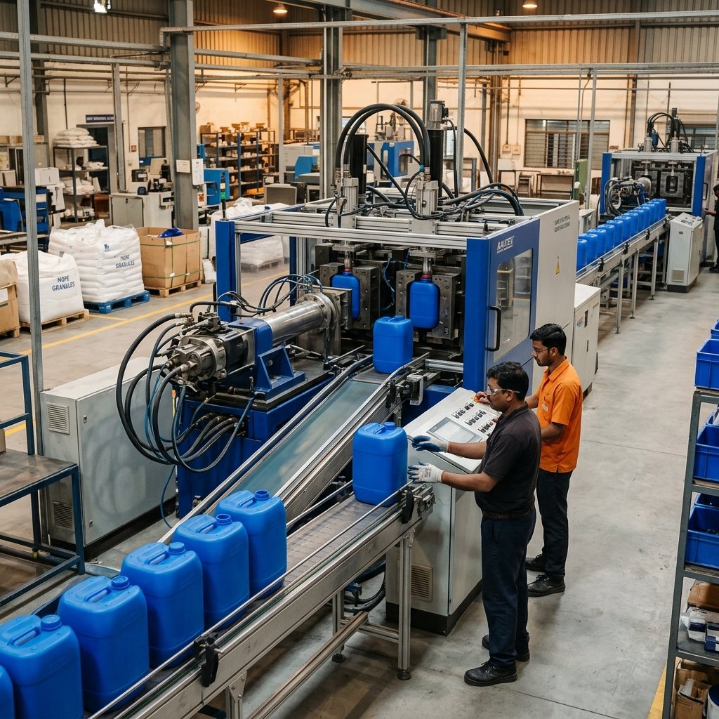 Industrial blow moulded HDPE containers production at Mrughan Plastics