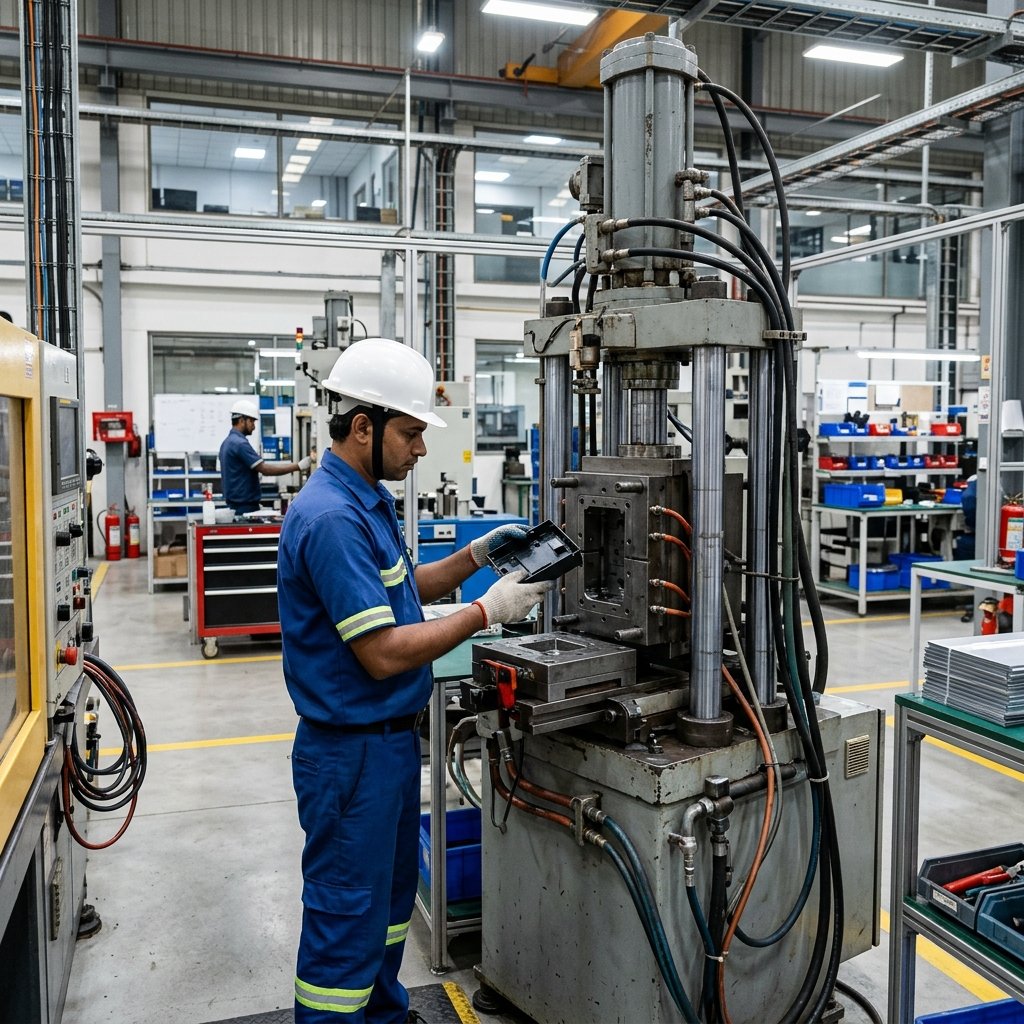 Vertical moulding machine operator handling electronics enclosure at Mrughan Plastics